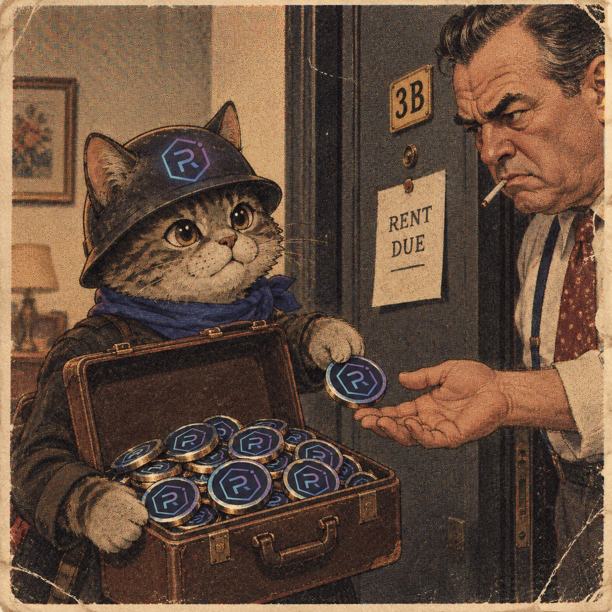 The cat pays rent vintage meme