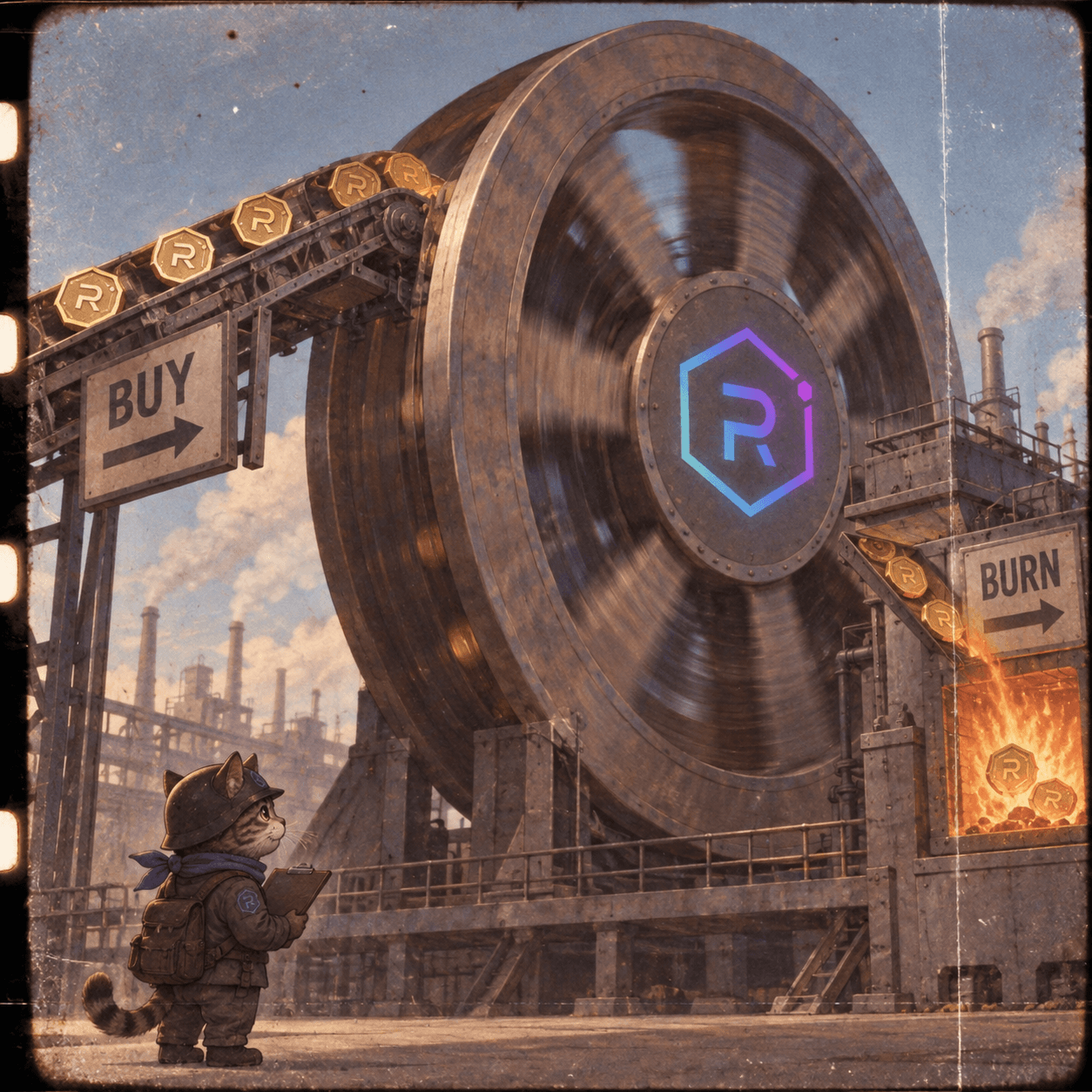 RayCat watching an antique industrial flywheel purchase and burn tokens